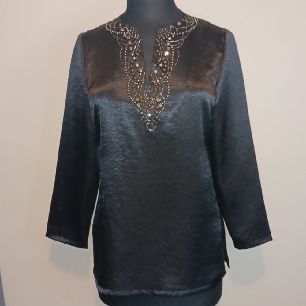 Jones New York Petite Black Satin Beaded V Neck Tunic Top‎ Blouse Shirt PM